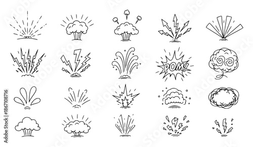 Collection of hand drawn explosion and burst in black outline comic sound