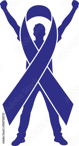 Powerful silhouette of a person standing strong within a large blue awareness ribbon symbolizing solidarity and support for a cause