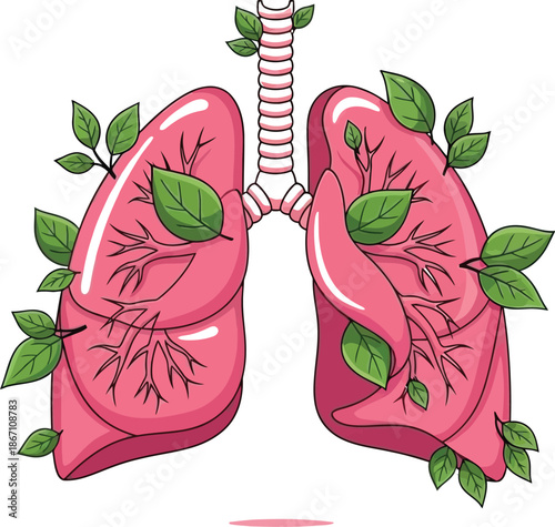 Artistic illustration depicting healthy lungs intricately intertwined with vibrant green leaves symbolizing clean air and respiratory wellness.