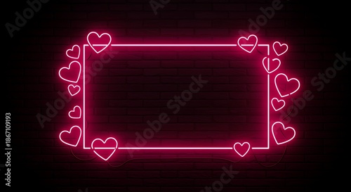 Pink neon heart frame with glowing outline on dark background