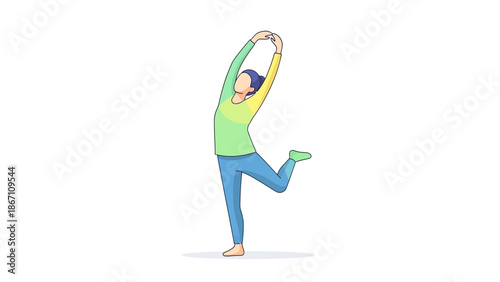 Woman in green shirt and blue jeans doing yoga pose with one leg raised high with fitness