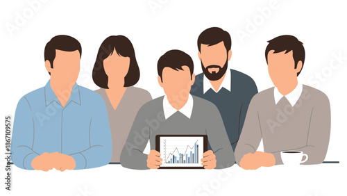 A group of business professionals discussing a graph on a tablet in a meeting setting