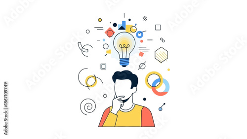 A man with a thoughtful expression and a lightbulb above his head surrounded by colorful geometric shapes