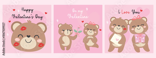 Cute couple bear on pink pastel background with love and romantic concepts Happy Valentine's day, Valentine card or wedding anniversary, postcard. Adorable character vector illustration flat design.