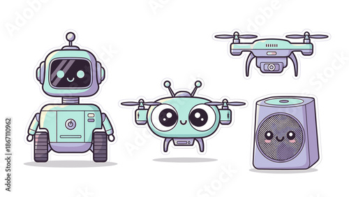 Adorable collection of kawaii technology, robots, and smart devices for modern design concepts and playful future illustrations