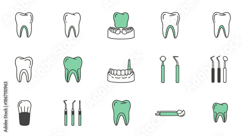 Dental Icons Collection of Tooth, Dental Tools, and Oral Hygiene Equipment