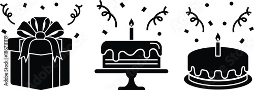 Gift box and two birthday cakes with candles vector illustration silhouette icons. 