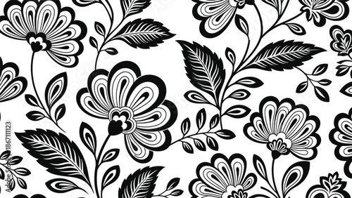 Black and white floral pattern with leaves and flowers