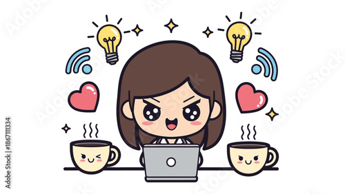Cute Cartoon Woman Working on Laptop with Coffee and Ideas Symbolizing Productivity and Creativity