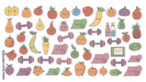 Playful Collection of Cute Cartoon Fruits, Vegetables, and Fitness Elements for Healthy Lifestyle Designs