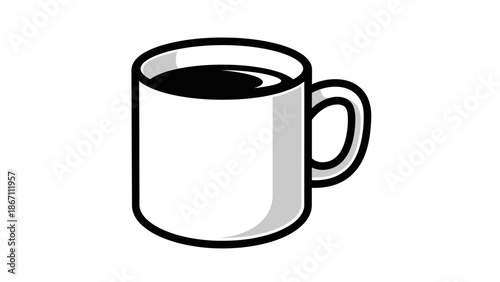 A simple, clean, and modern illustration of a white mug filled with dark coffee.