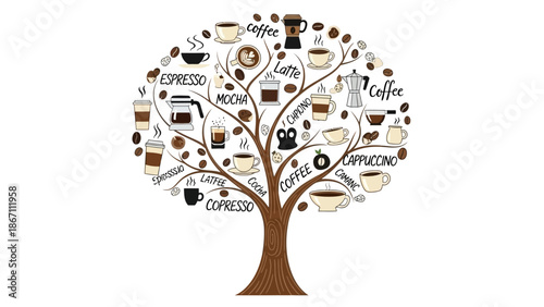 A whimsical illustration of a coffee tree, adorned with various coffee cups, mugs, and brewing equipment, symbolizing the diverse world of coffee.