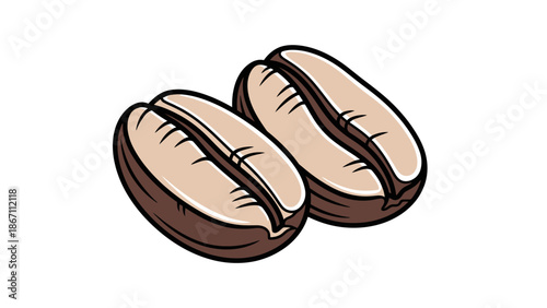 Two light brown coffee beans with a dark brown seam down the middle, isolated on a white background.