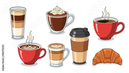 A collection of various hot beverages including coffee, lattes, and hot chocolate, alongside a croissant, presented in a visually appealing arrangement.