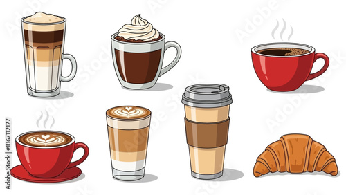 A collection of various coffee drinks and a croissant, presented in a clean, illustrative style.