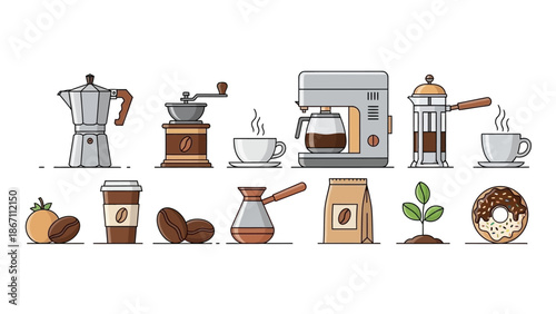 A collection of coffee-related items including brewing equipment, beans, and a pastry.