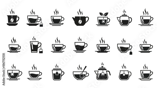A collection of diverse black and white icons representing various tea cups, teapots, and tea bags, symbolizing hot beverages and tea culture.