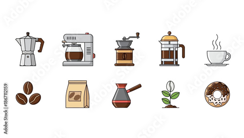 A collection of ten flat design icons representing various coffee-making equipment and related items.