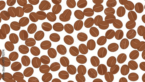 A seamless pattern of roasted coffee beans scattered across a white background, creating a textured and organic feel.
