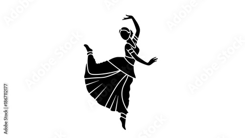 A black silhouette of a woman dancing in a traditional Indian outfit with elegance