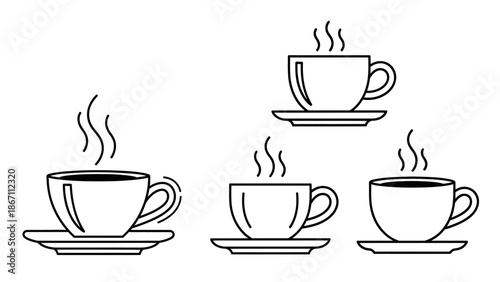 A collection of five steaming cups of coffee or tea, presented in a minimalist line art style.