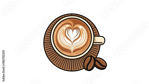 A top-down view of a beautifully crafted latte with intricate heart-shaped latte art, accompanied by two roasted coffee beans.