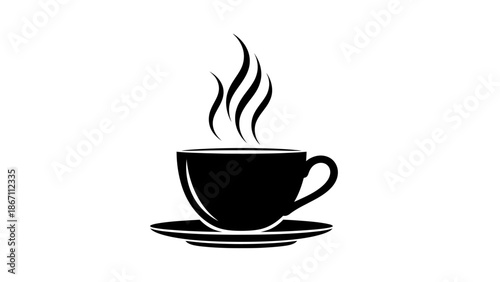 A simple black and white illustration of a steaming cup of coffee on a saucer.