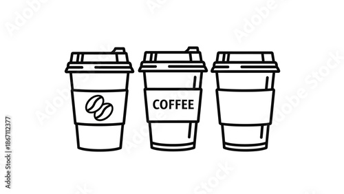 Three line art illustrations of disposable coffee cups with lids and sleeves, one with coffee beans logo, another with the word "COFFEE".