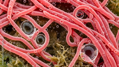 Microscopic view of parasitic worms and eggs in water