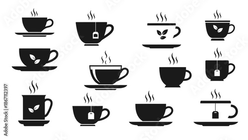A collection of black and white illustrations of various teacups and saucers, some with tea bags and steam.
