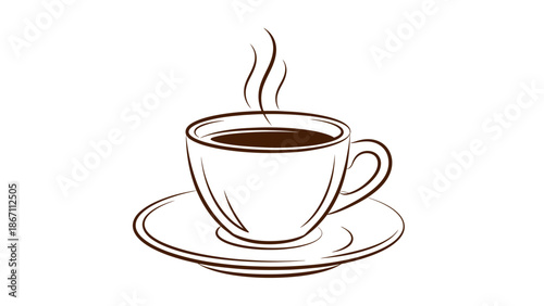 A simple line drawing of a steaming cup of coffee on a saucer.