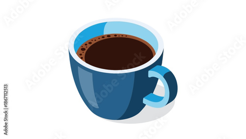 A blue mug filled with dark, frothy coffee, presented in a clean isometric illustration.
