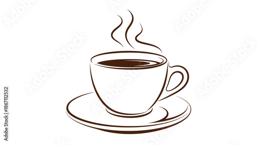 A simple line drawing of a steaming cup of coffee on a saucer.