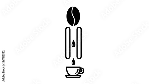 A minimalist black and white illustration depicting the process of making coffee, from bean to cup.