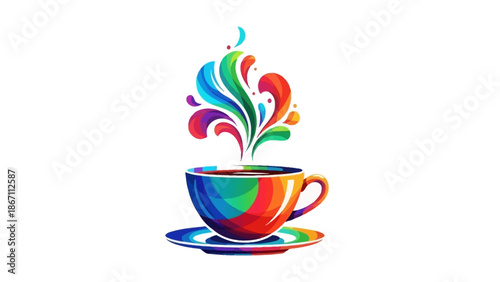 A vibrant rainbow-colored coffee cup with colorful steam rising, symbolizing creativity and energy.