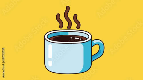 A steaming cup of dark coffee sits in a light blue mug against a bright yellow background.