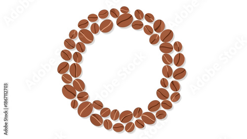 A circular arrangement of roasted coffee beans forming a decorative border on a white background.