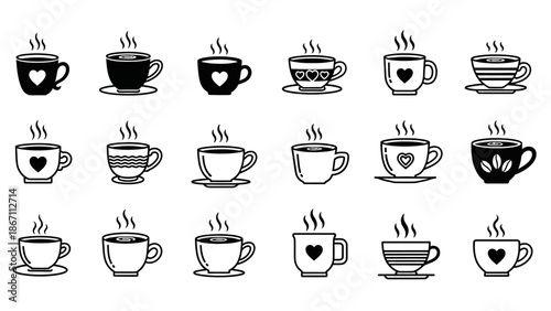 A collection of 18 black and white line art illustrations of coffee cups with steam rising, featuring various patterns and heart designs.