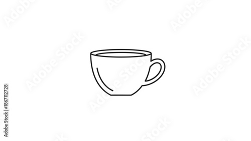 A simple, clean line drawing of a coffee cup filled with liquid, presented on a white background.