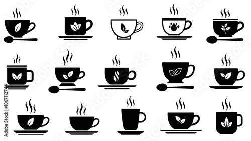 A collection of black and white vector icons representing cups of steaming hot beverages, likely tea or coffee, with various decorative elements.