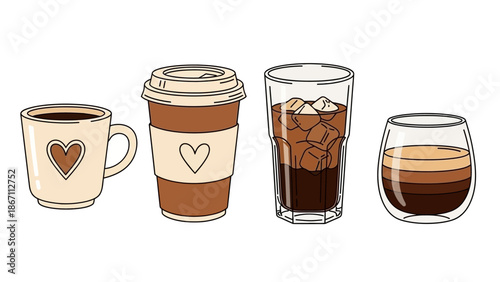 A collection of four distinct coffee drinks, showcasing various serving styles from a ceramic mug to a to-go cup and iced beverages.