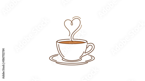 A simple line drawing of a white coffee cup with a saucer, with steam rising in the shape of a heart.