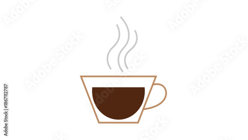 A simple, stylized illustration of a steaming cup of dark coffee in a clear glass mug.