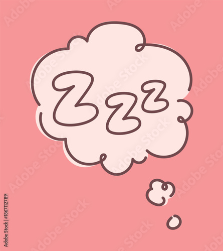 Sleep thought bubble with zzz symbols on pink background. Cute hand drawn Doodle dreaming cloud for rest night nap bedtime relaxation cartoon style soft pastel illustration