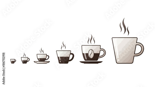 A row of steaming coffee cups of various sizes, from smallest espresso to largest mug.