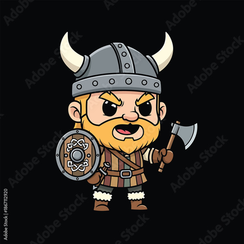 Cartoon Viking Warrior with Axe and Shield Illustration.