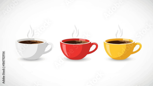 Three steaming cups of coffee in white, red, and yellow on a white background.