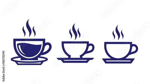Three stylized cups of hot beverages with steam rising, presented on saucers.