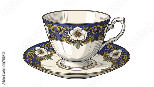 A beautifully illustrated vintage teacup and saucer set adorned with intricate floral patterns and gold accents.