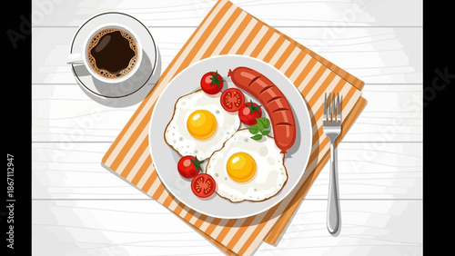 A delicious breakfast plate with two fried eggs, a sausage, cherry tomatoes, and a cup of coffee.